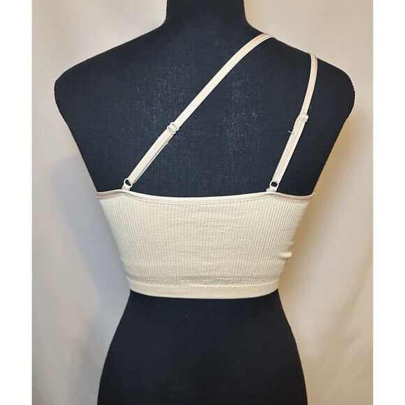 Aerie Seamless Ribbed One Shoulder Shelf Bra Bralette Crop Top Beige SMALL NWT - Picture 3 of 8